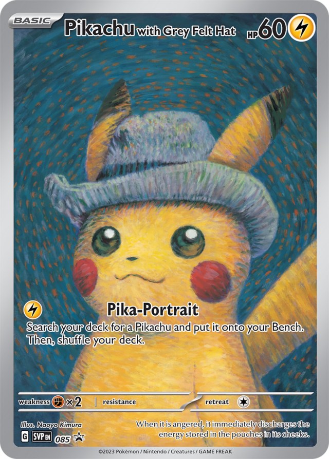 Pikachu promo TCG card in the style of Self-portrait with Grey Felt Hat.