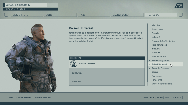 Image of the Starfield character creation screen, with the cursor hovered over the Raised Universal trait.