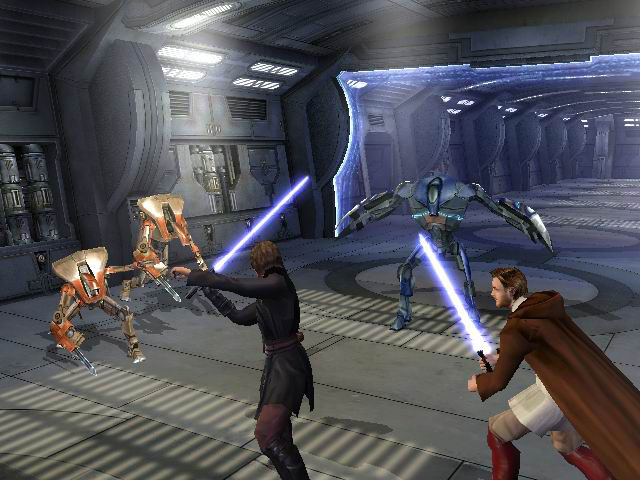 Revenge of the Sith Anakin and Obi-Wan fighting droids with lightsabers