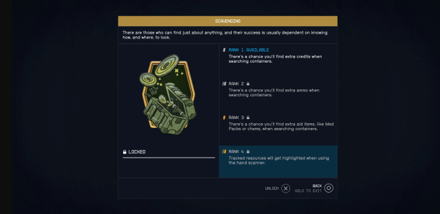 in-game screen and menu for Starfield's Scavenging perk