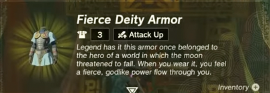 The info for the Fierce Deity Armor in Zelda ToTk. Screenshot via Dot Esports. 