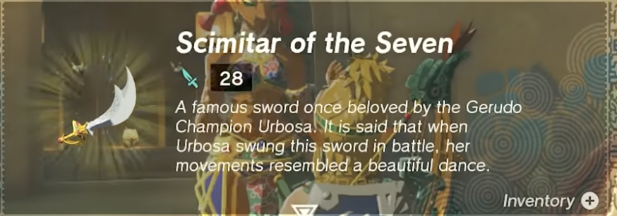 Screenshot of the Scimitar of the Seven from Zelda ToTK. 