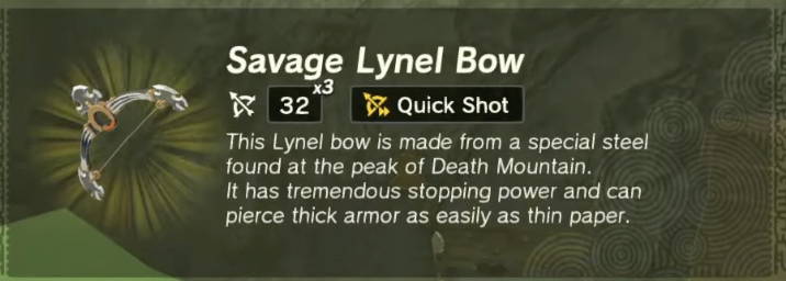 Screenshot of the info for the Savage Lynel Bow from Zelda ToTK. 