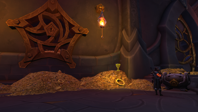 The Valdrakken bank in WoW Dragonflight. A golden chalice pictured on top of a pile of gold coins. 