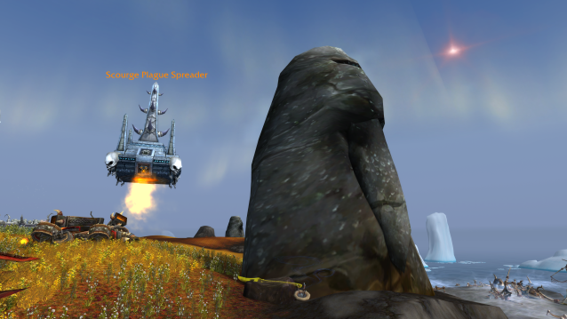 A Tuskarr monument in Borean Tundra in WoW Dragonflight. A Scourge Plague Spreader and the dying planet of Argus are also pictured in the background.