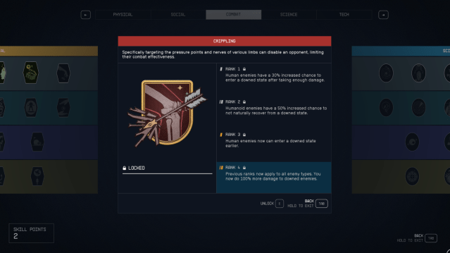 The Crippling skill icon as seen in Starfield's skill menu, showing an arrow going through a knee.