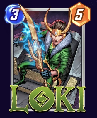Loki card, holding his scepter while wearing his crown with horns and green costume.