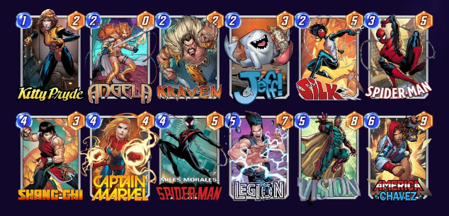 Marvel Snap deck consisting of Kitty Pryde, Angela, Kraven, Jeff the Baby Landshark, Silk, Spider-Man, Shang-Chi, Captain Marvel, Miles Morales, Legion, Vision, and America Chavez. 