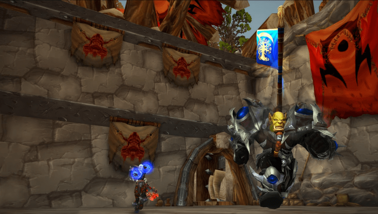 An orc captures the Alliance flag in Warsong Gulch, WoW