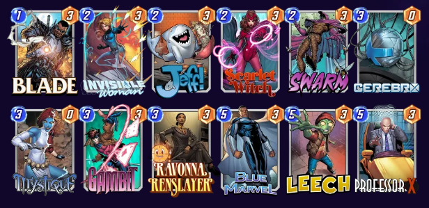 A Marvel Snap deck featuring Blade, Invisible Woman, Jeff!, Scarlet Witch, Swarm, Cerebro, Mystique, Gambit, Ravonna Renslayer, Blue Marvel, Leech, and Professor Ex.