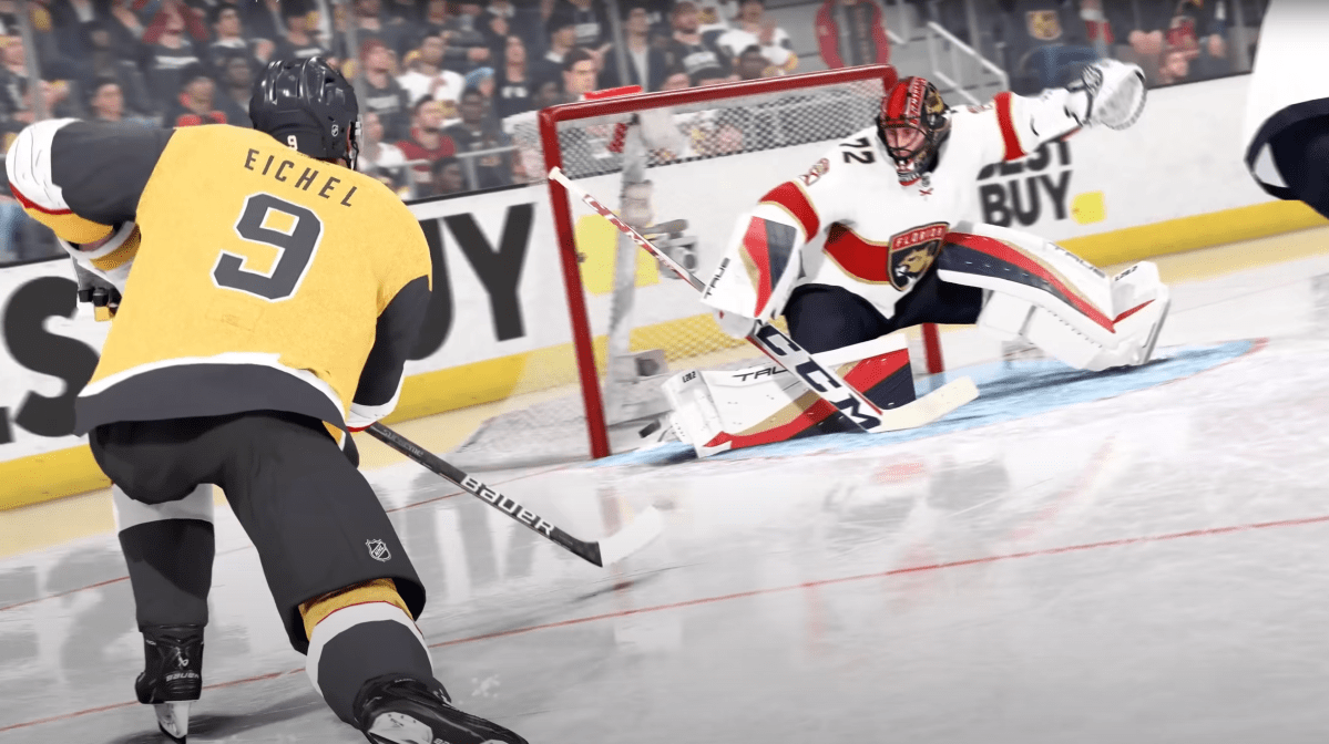 Jack Eichel of the Vegas Golden Knights takes a shot on Sergei Bobrovsky of the Florida Panthers in NHL 24