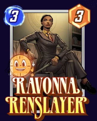 Ravonna Renslayer card, while sitting in a wooden bench. 