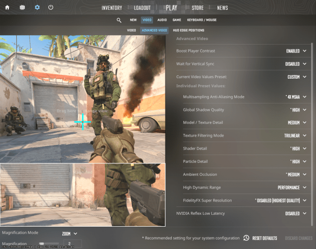 The settings menu inside CS2 for changes to graphics in particular