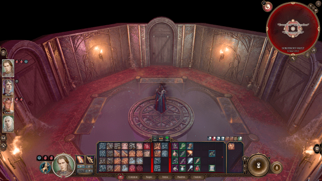 Tav standing in the middle of the Sorcerous Vault surrounded by traps and doors.