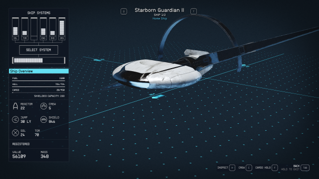 The Starborn Guardian II ship in Starfield, showing the stats and ship systems equipped.