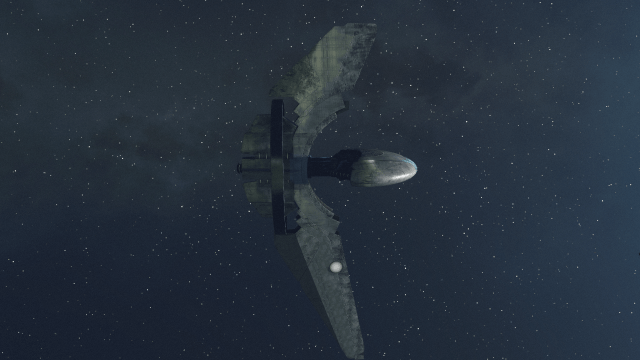 Image of a large sleek Starborn Guardian ship in the depths of space.