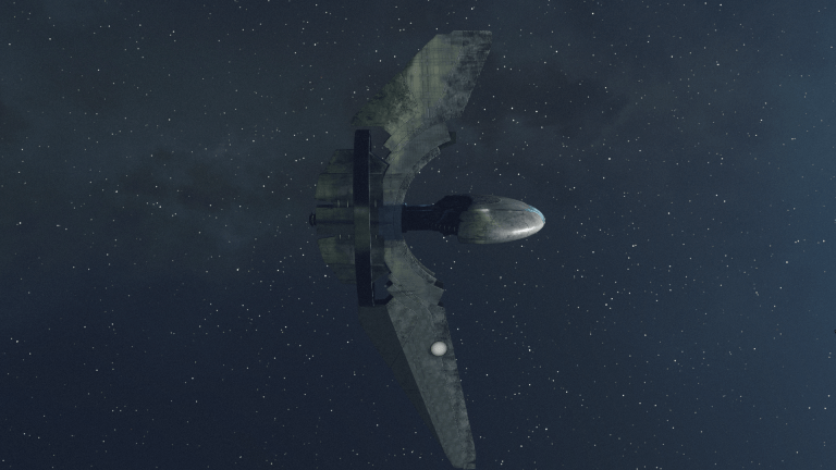 Image of a large sleek Starborn Guardian ship in the depths of space.