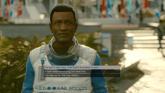 A conversation with Starfield's Kelton, several dialogue options are presented