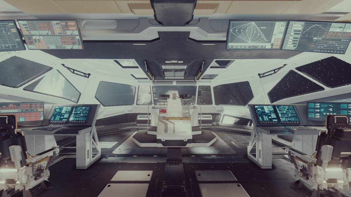 A cockpit in Starfield, featuring a captain's chair, several crew stations, and windows looking out into space.