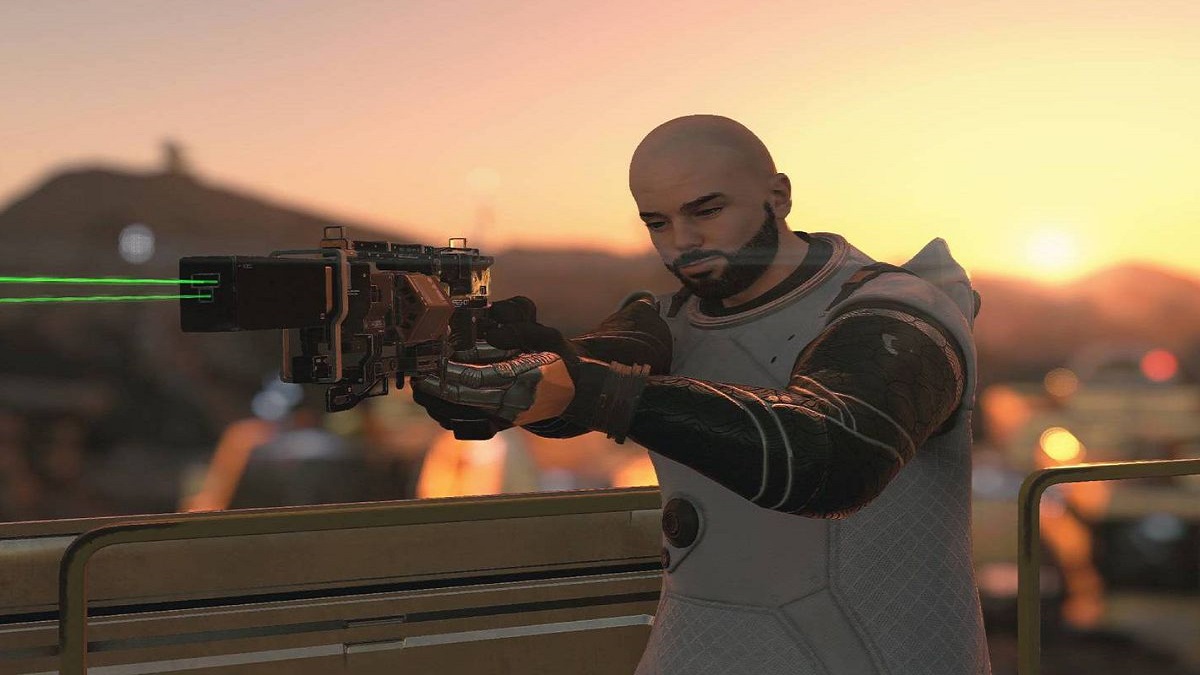 An image of a character aiming a pistol with a laser sight in Starfield.