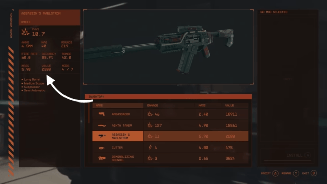 An Assassin's Maelstorm Rifle in Starfield with all the statistics on the left hand side another other weapons in tabs down the bottom.