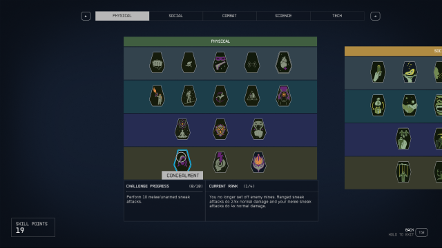 Displays the Physical skill tree in Starfield.