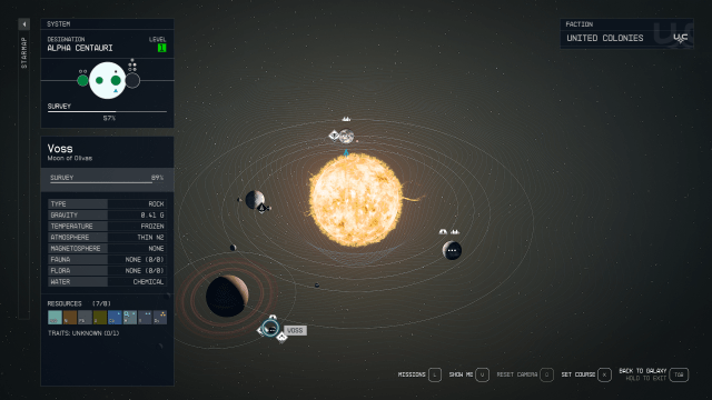 Displays a map of the Alpha Centauri system in Starfield.