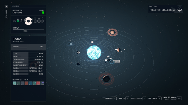 Displays the map of the Cheyenne system in Starfield.