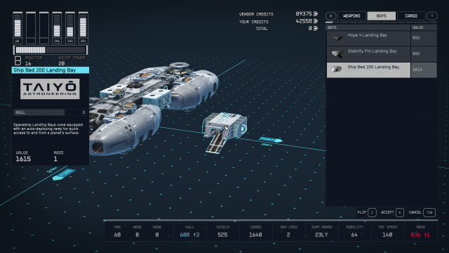 Displays the ship builder menu in Starfield.