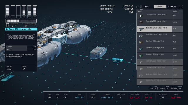 Displays the ship builder menu in Starfield.