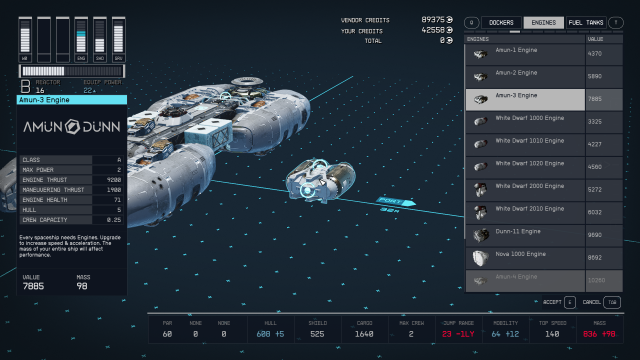 Displays the ship builder menu in Starfield.