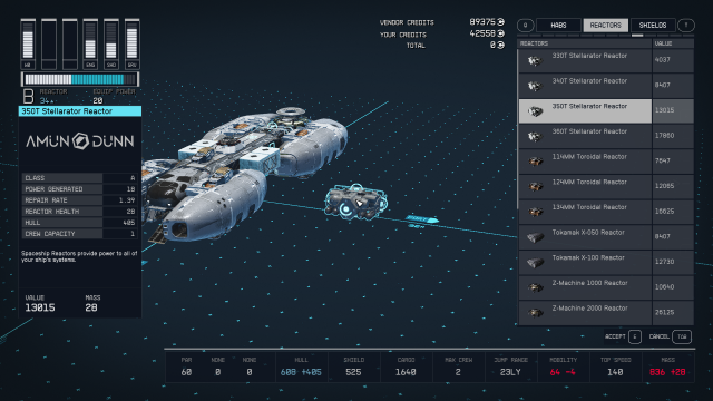 Displays the ship builder menu in Starfield.