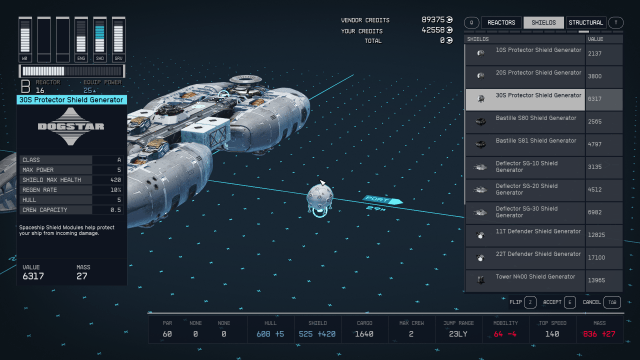 Displays the ship builder menu in Starfield.