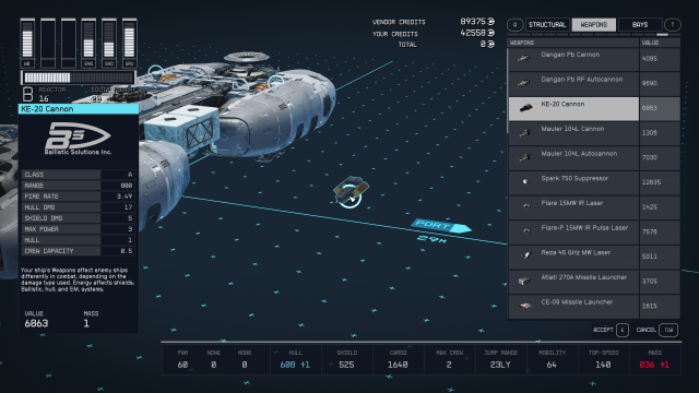 Displays the ship builder menu in Starfield.