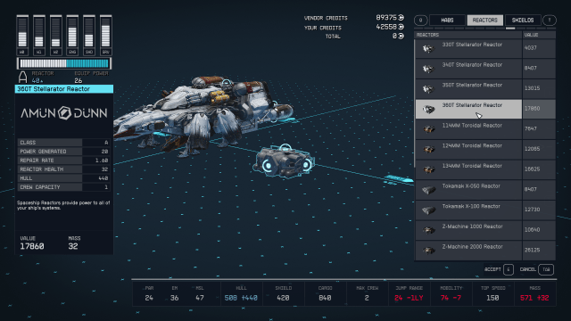 displays the description for the reactor 360T Stellerator in Starfield's ship builder menu.