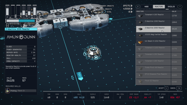 Displays the description for the reactor Z-Machine 2000 in Starfield's ship builder menu.