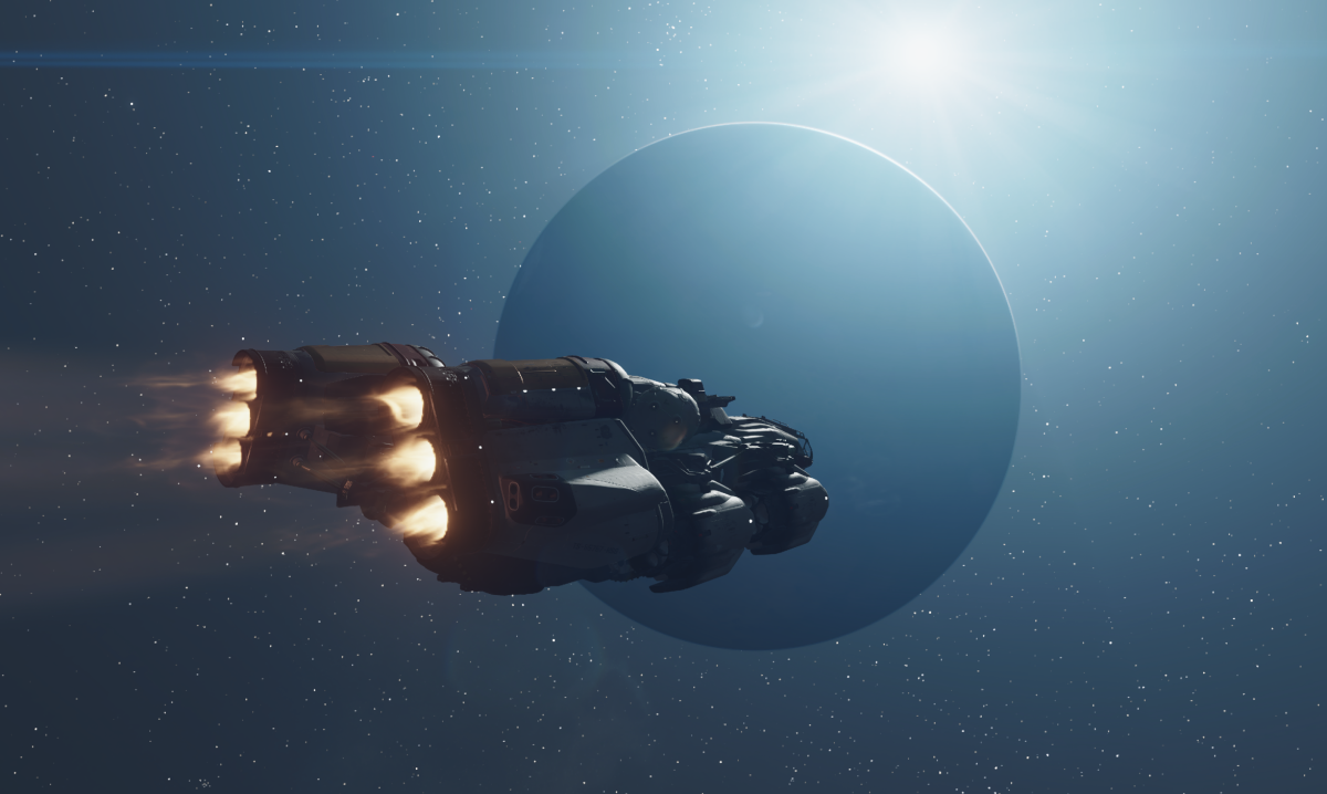 A screenshot from Starfield showing a spaceship flying against a space background. A planet lies in the background with a sun creating light behind it.