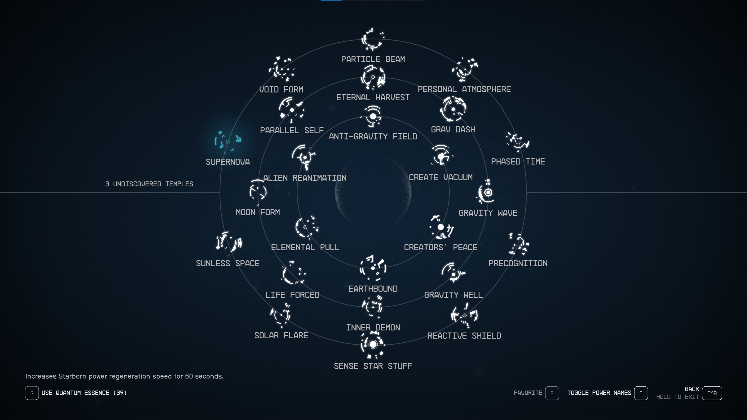 An image of the Starborn powers screen highlighting all powers in Starfield.