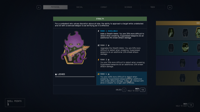 Image of the skills menu in Starfield, showing the Stealth badge.