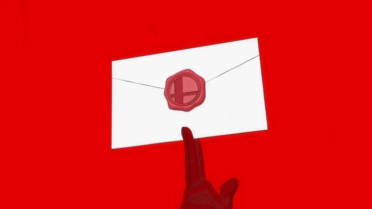 Joker holding up an invitation to Super Smash Bros.