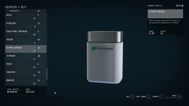 Image of the store menu in Starfield, displaying a capsule of Tetrafluoride.