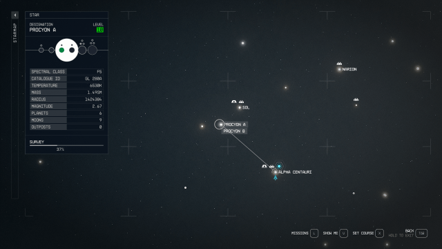 Image of the star map in Starfield showing the way to the location of the Scow.