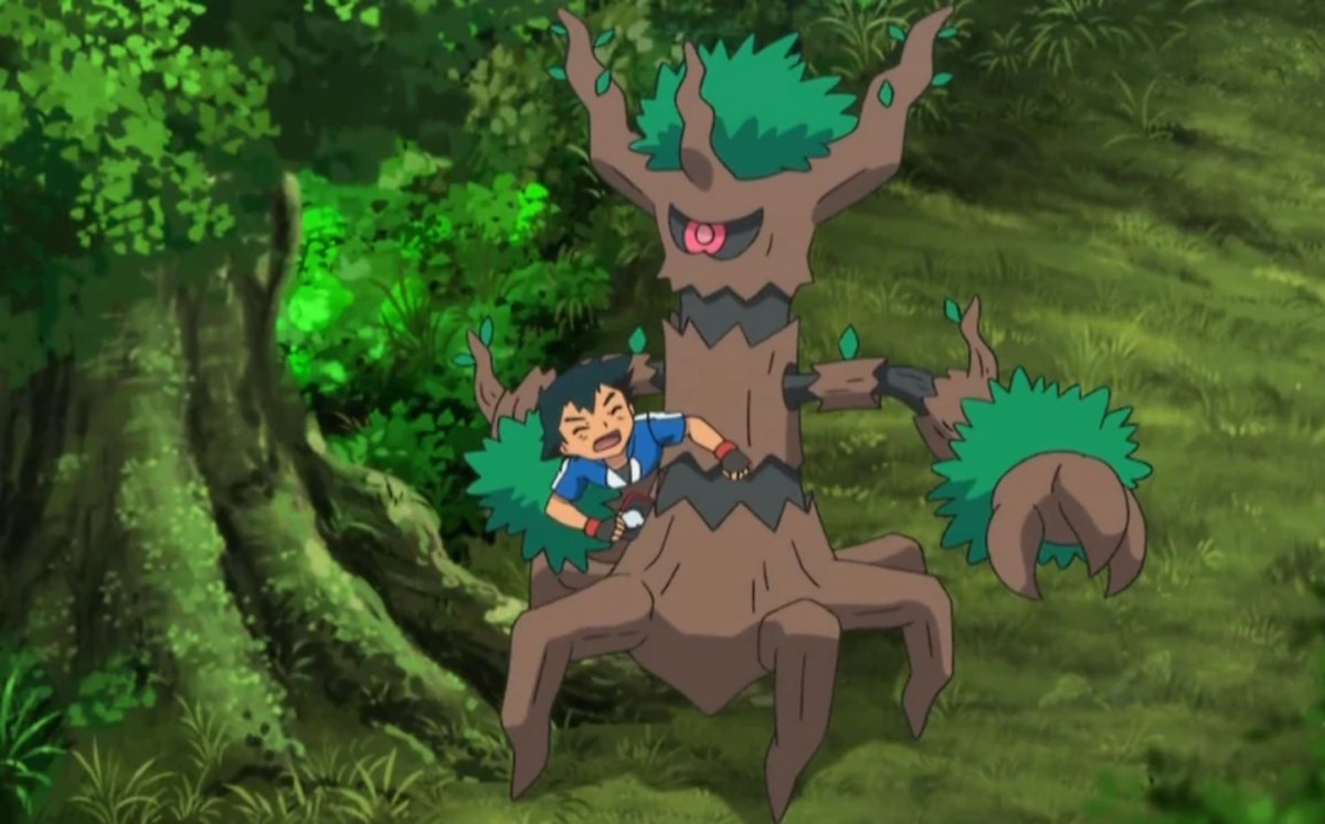 A Trevenant in the Pokemon anime carrying Ash, the main character.