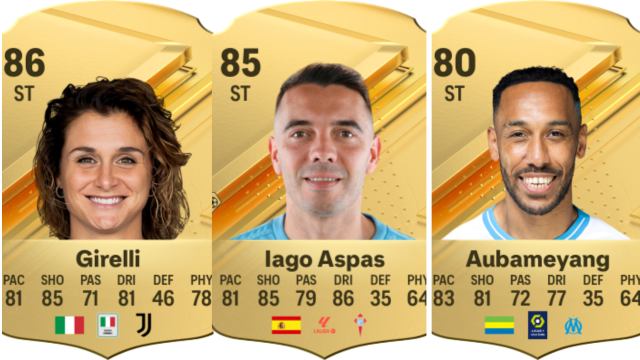 Cards for Christiana Girelli, Iago Aspas, and Pierre-Emerick Aubameyang in EA FC 24.