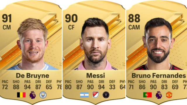 Cards for Kevin De Bruyne, Lionel Messi, and Bruno Fernandes in EA FC 24.