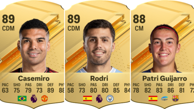 Cards for Casemiro, Rodri, and Patri Guijarro in EA FC 24.