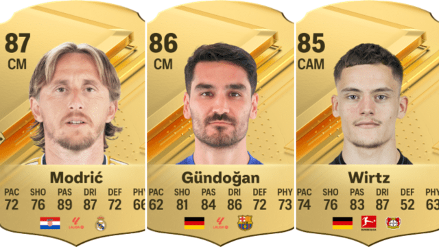 Cards for Luka Modric, Ilkay Gundogan, and Florian Wirtz in EA FC 24.