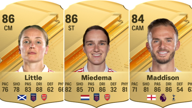 Cards for Kim Little, Viviane Miedema, and James Maddison in EA FC 24.