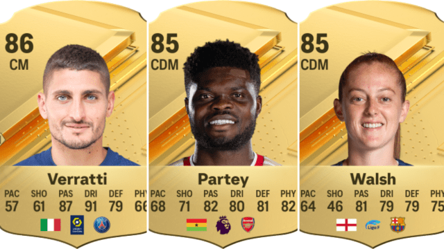 Cards for Marco Verratti, Thomas Partey, and Keira Walsh in EA FC.