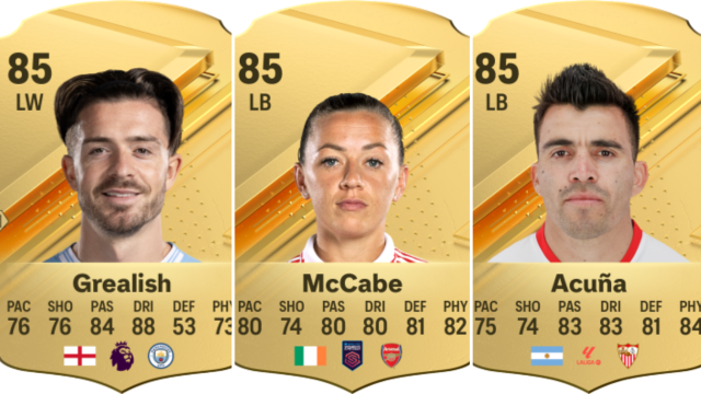 Cards for Jack Grealish, Katie McCabe, and Carlos Acuna in EA FC.